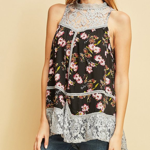 Black Floral Lace Detail Tank Top - Picture 6 of 10